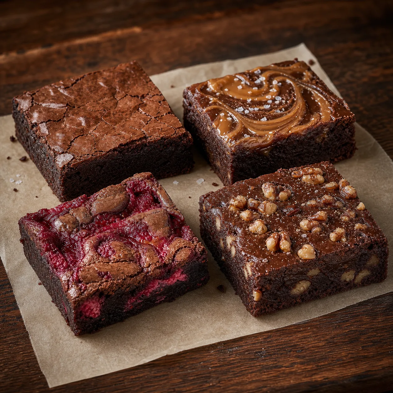 Classic, caramel, raspberry, and walnut brownies