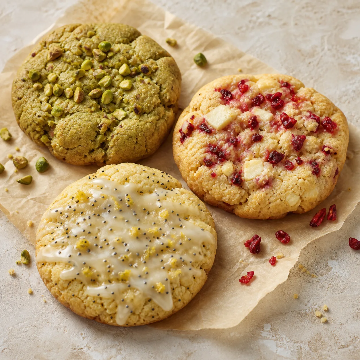 Assortment view featuring a pistachio-topped cookie