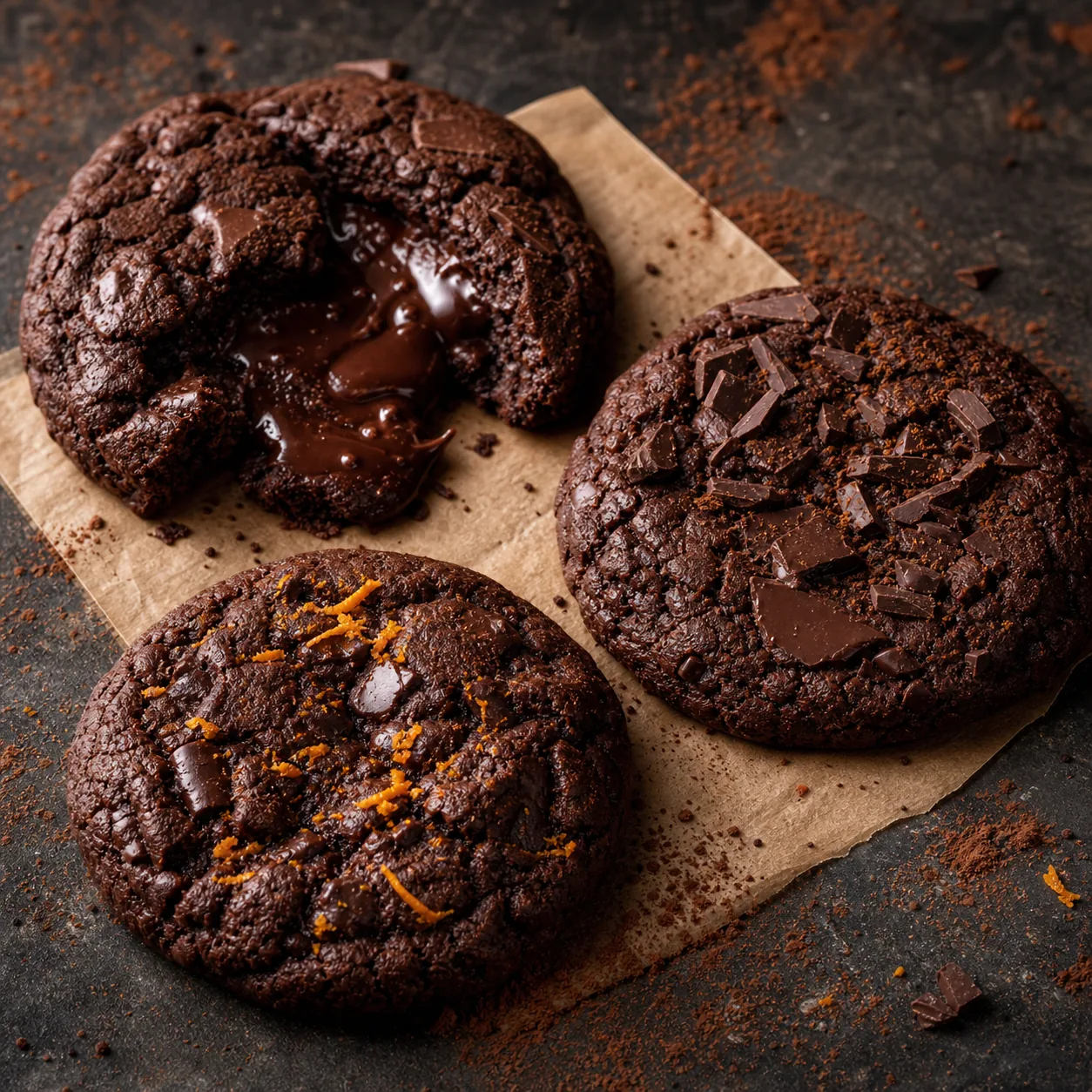 Assortment view featuring a dark cocoa cookie with a molten centre