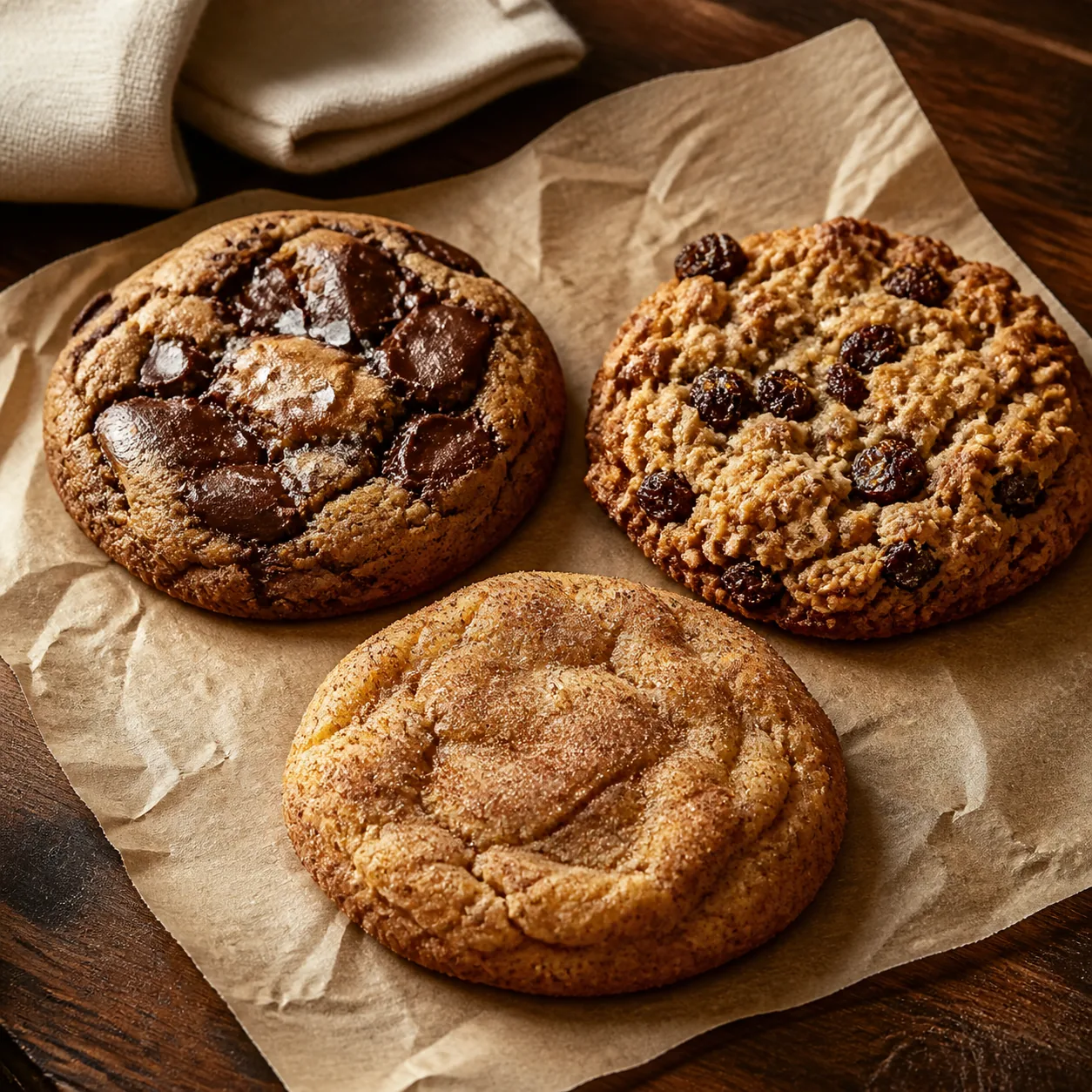 Classic chocolate chunk, oatmeal raisin, and cinnamon cookies