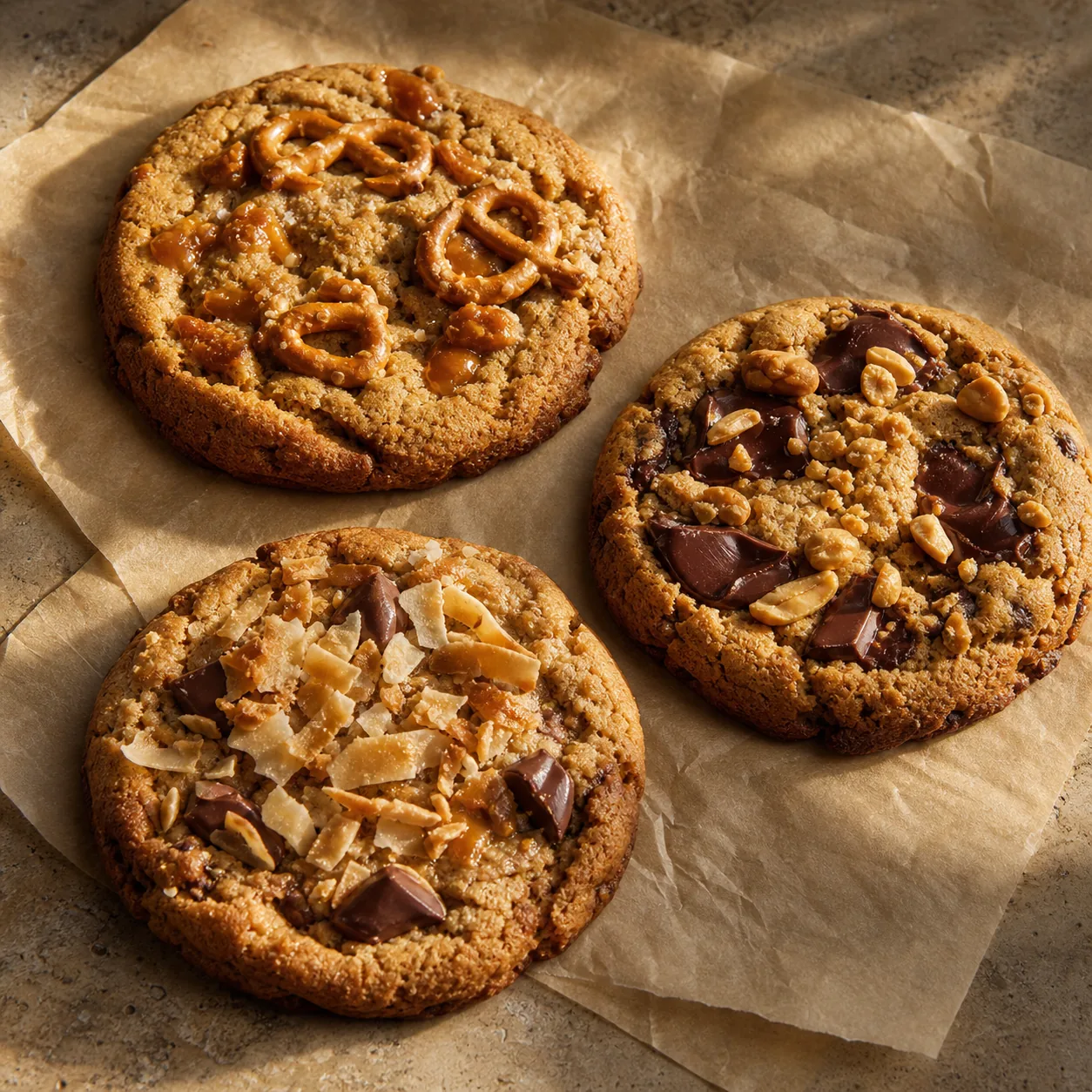Assortment view featuring a caramel-pretzel cookie with flaky salt
