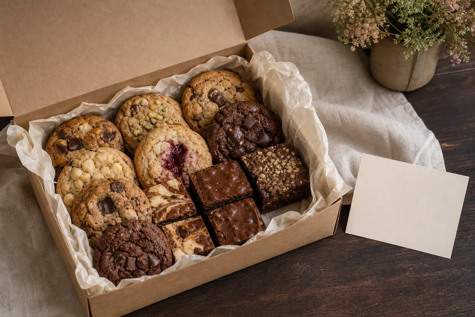 Gift box filled with assorted cookies and brownies beside a blank gift card