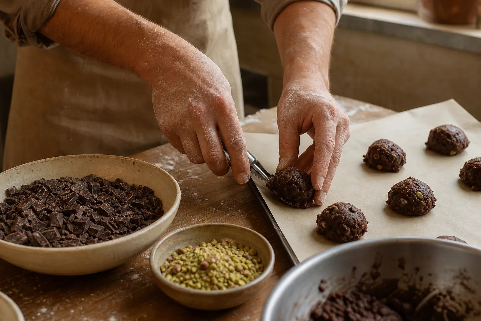 Baker's hands portioning chocolate cookie dough beside chocolate and pistachios